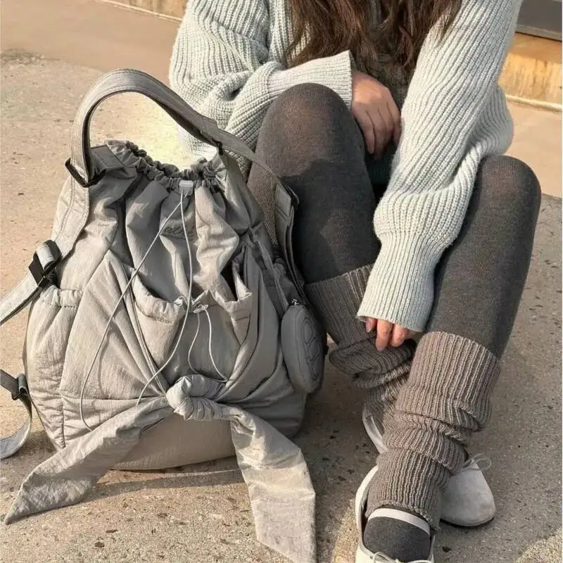 Bloom Hot Girls Nylon Grey Handbag Y2k Women Retro Bow Large Capacity Casual Backpack Female Sweet Cool Backapcks Aesthetic