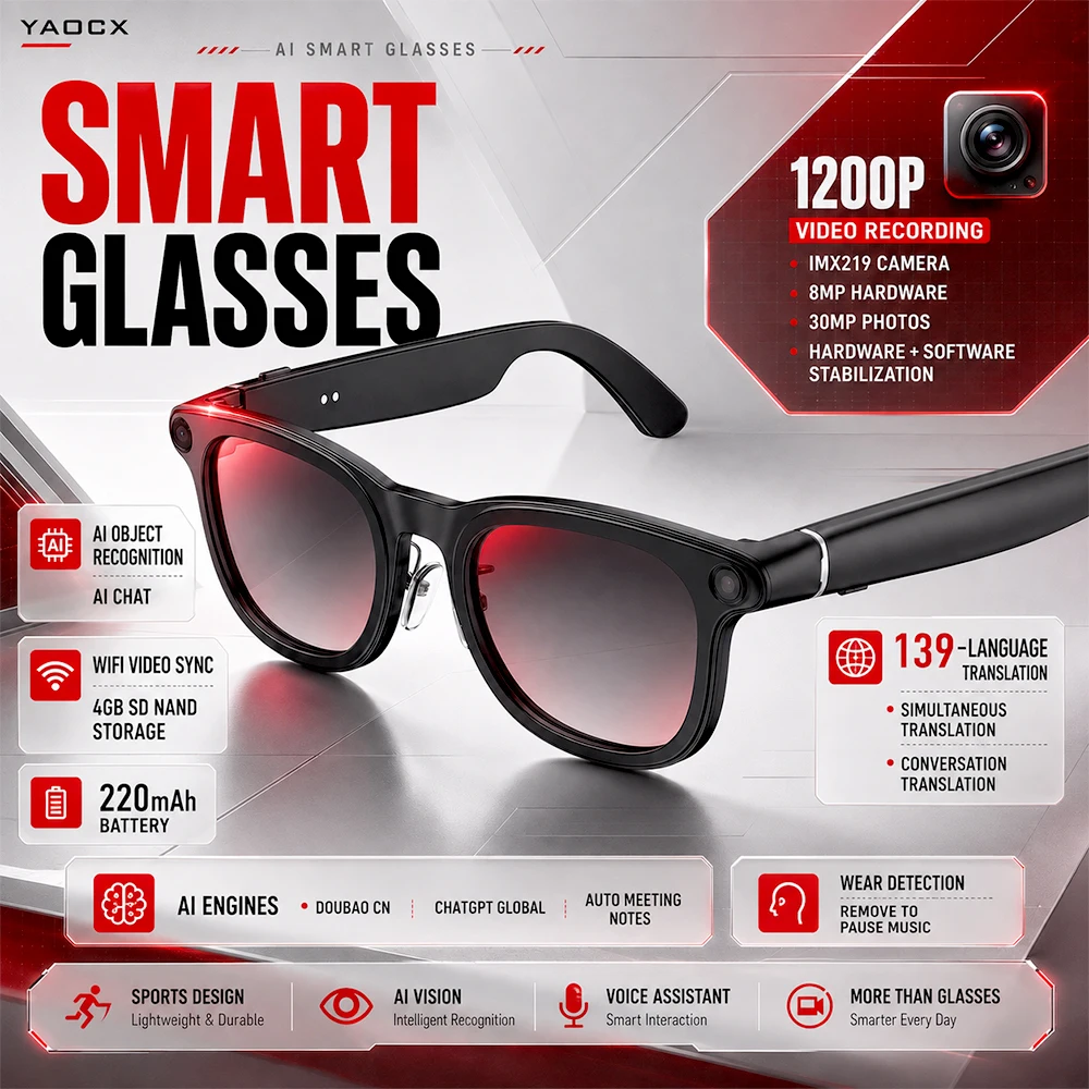 New AI Camera Glasses 8MP Sensor 30MP Photos 1200P Video Stabilization WiFi Sync AI Chat 139 Languages Translation Meeting Notes