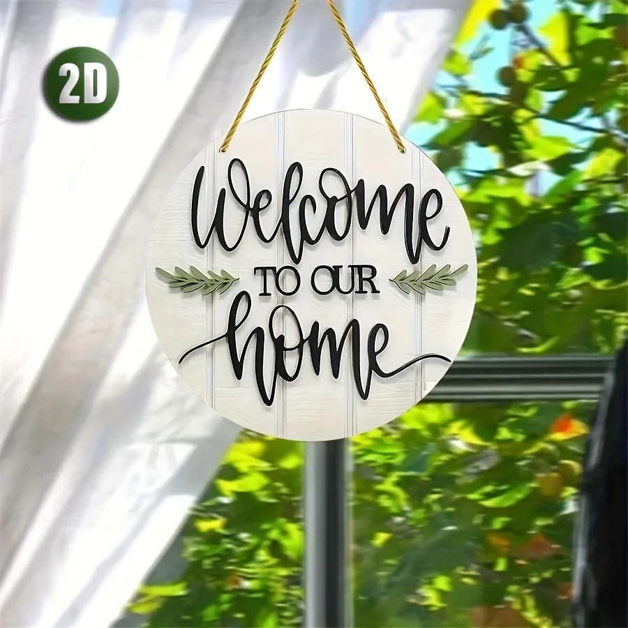 قطعة واحدة من لافتة ترحيب خشبية ريفية - "مرحبًا بكم في منزلنا" ديكور حائط مستدير مع لمسات أوراق خضراء للباب الأمامي والشرفة والمعيشة