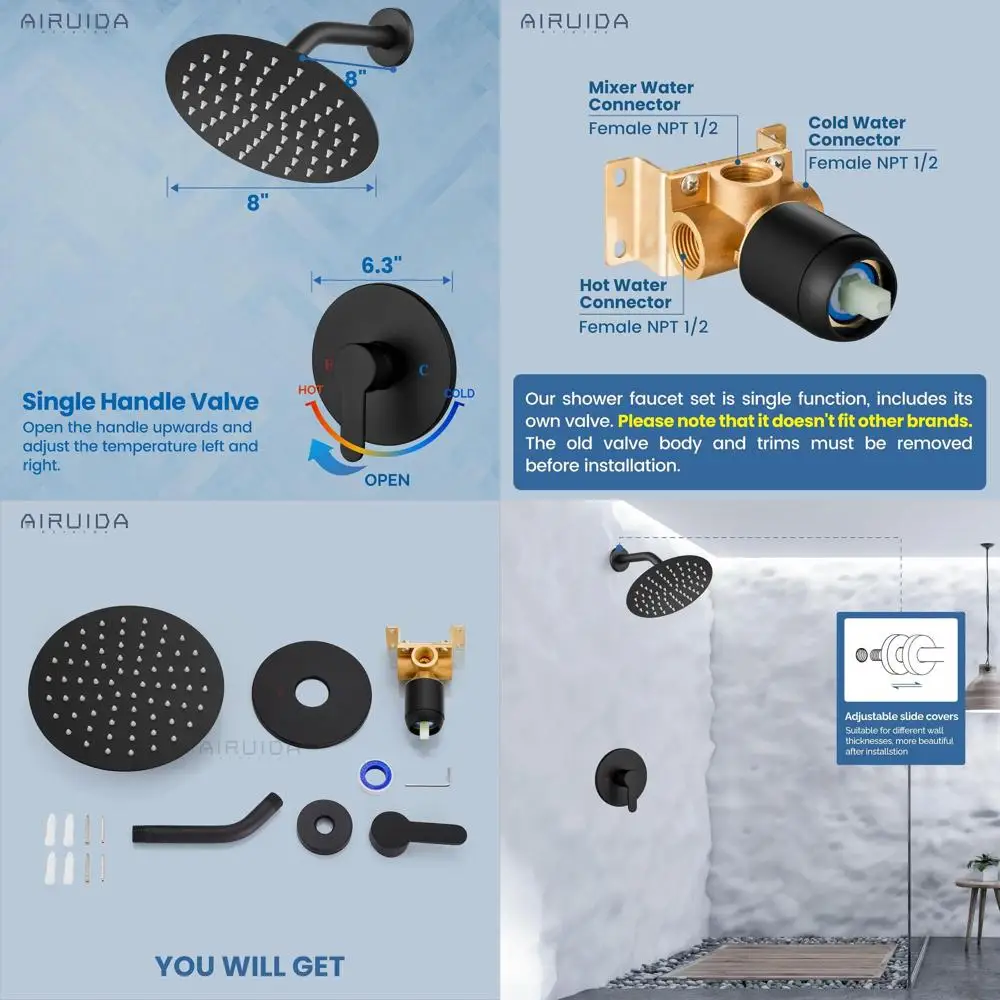 

8 Matte Black Round Shower System with SUS304 Stainless Steel Faucet, Single Handle Trim Kit, and Wall Mount Female Threads