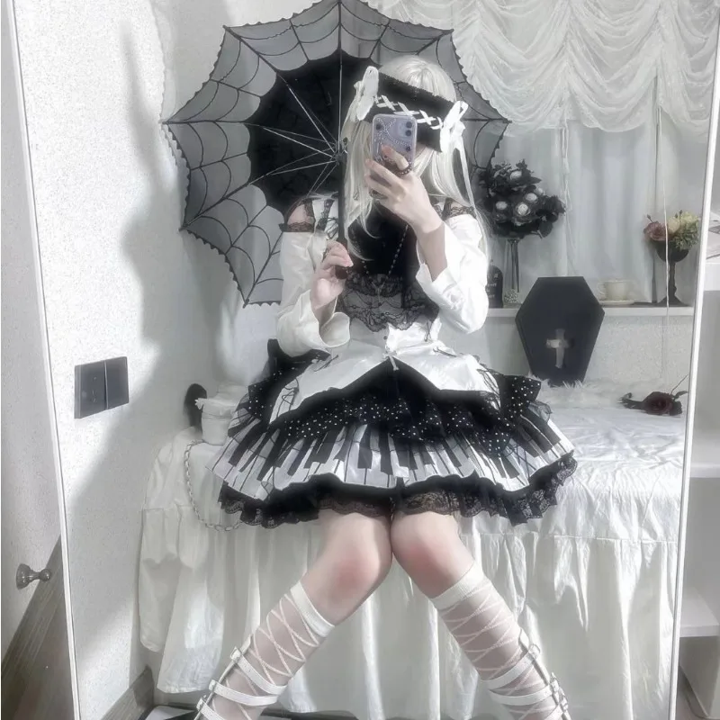 Japanese Subculture Black White Piano Design Lolita Skirt Autumn New Y2k Ruffled Miniskirt Lace Patchwork Punk Ballet Skirts