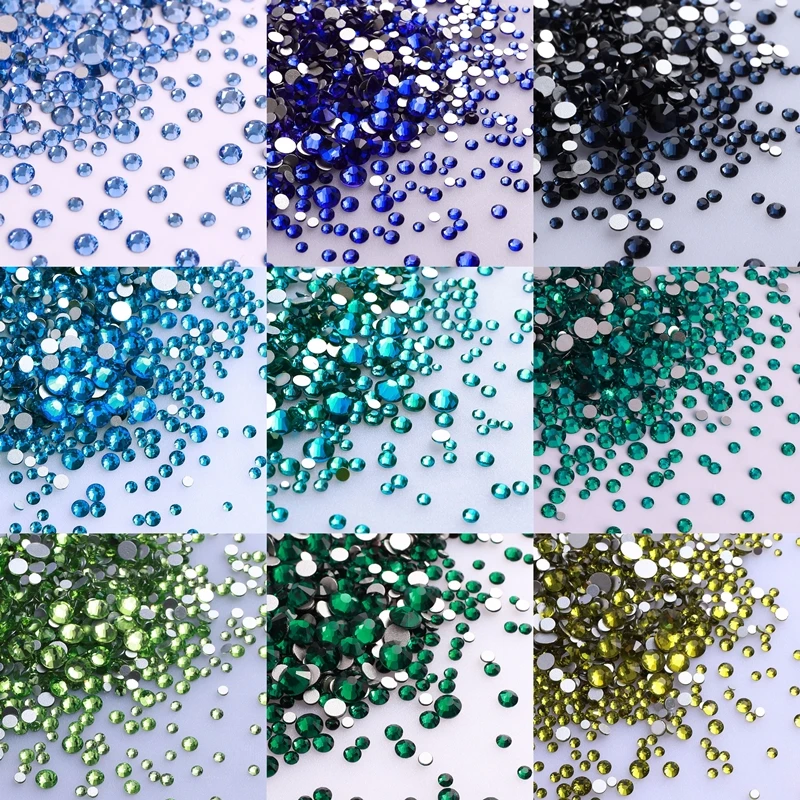 1440Pcs/Pack Mix Size Glass Flat Back Rhinestone Glitter Round Blue Diamond Non Hotfix Glue on Rhinestones for DIY Nail Art