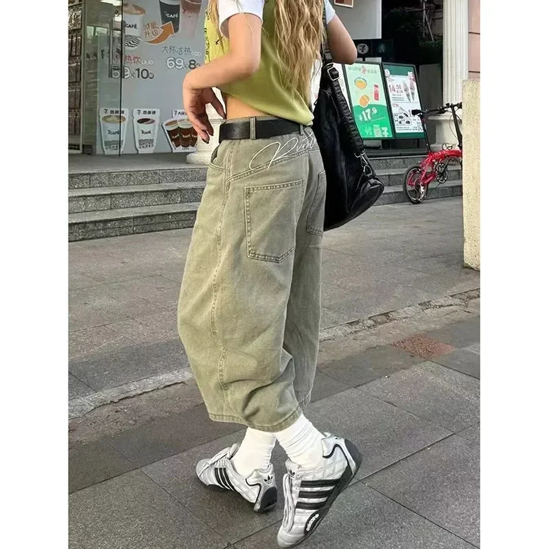 Mulheres streetwear bordado carta vintage denim shorts jeans feminino verão cintura alta ajuste perna reta calças jeans finas