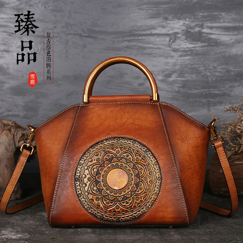 Fashion Pure Color First Layer Cowhide Fashion Totem Pressure Embossed Women Bags Brand Soft Cowhide Fashion Retro  Shoulder Bag