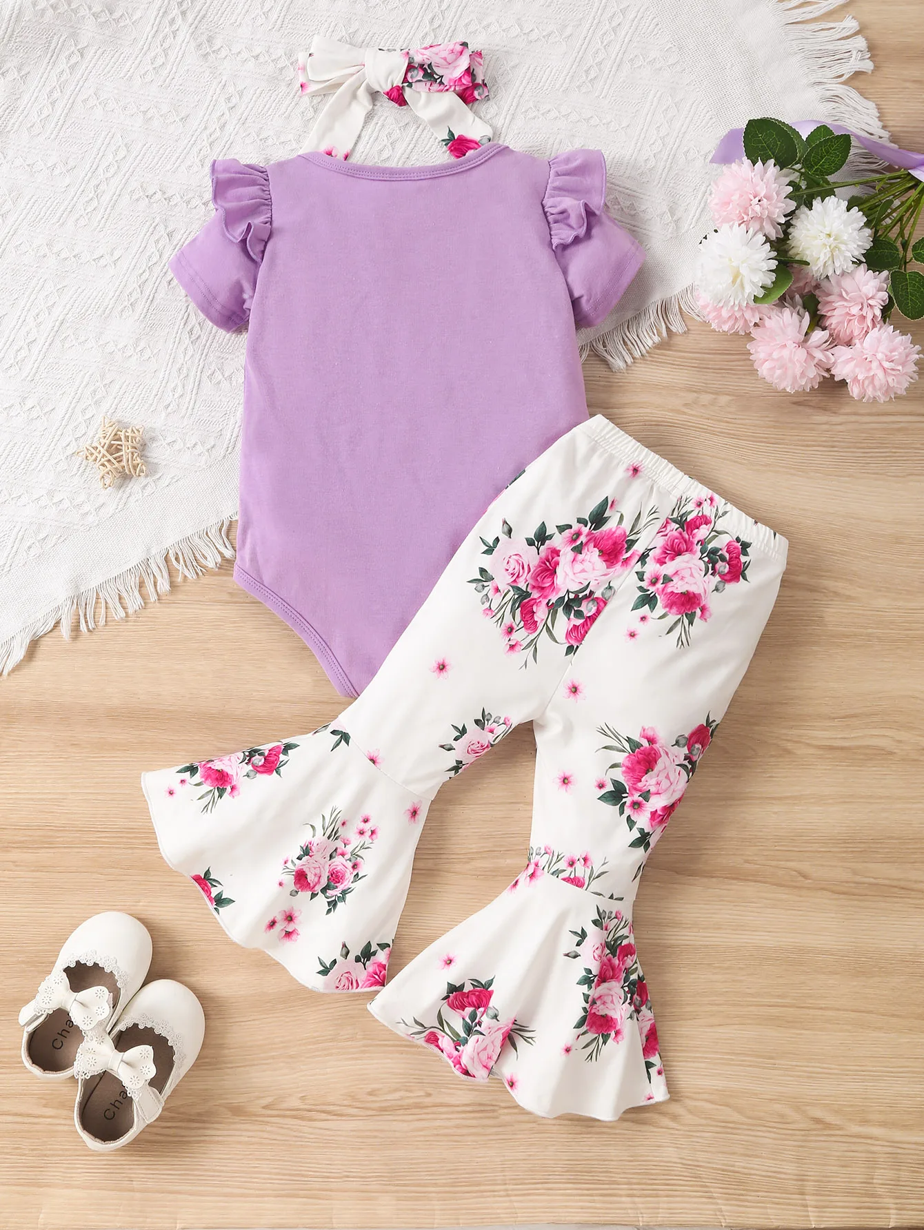 Baby Girl Summer Casual Cute Letter Print Small Flying Sleeve Triangle Top + Floral All-Over Printed Bow Bell Bottoms + Headscarf Three-Piece Set