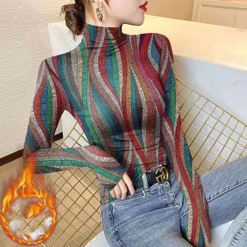 Women\'s Pullover Half High Neck Striped Bottom Shirt 2023 Autumn and Winter New Vintage Printing Long Sleeve T-shirt Slim Tops