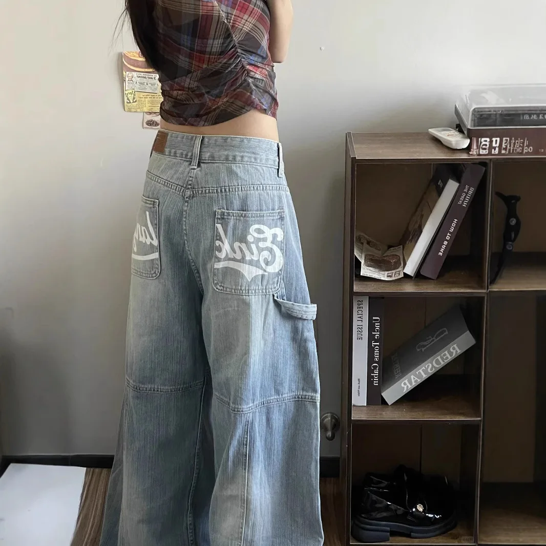 Plus Size Retro Street Style Jeans National Trend Letter Print Design Versatile Straight Wide Leg Casual Pants
