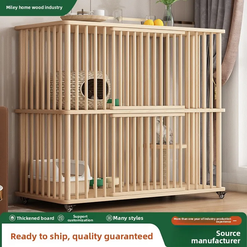 Double-layer Solid Wood Extra-Large Portable Indoor Cat Cage With Rectangular Design For All Seasons