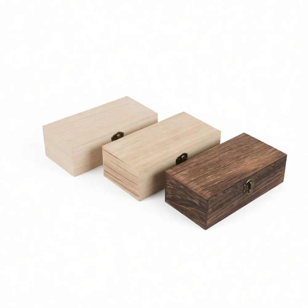Rustic Style Wooden Gift Box Hinged Lid Rectangular Paulownia Storage Case Decorative Organizer For Trinkets