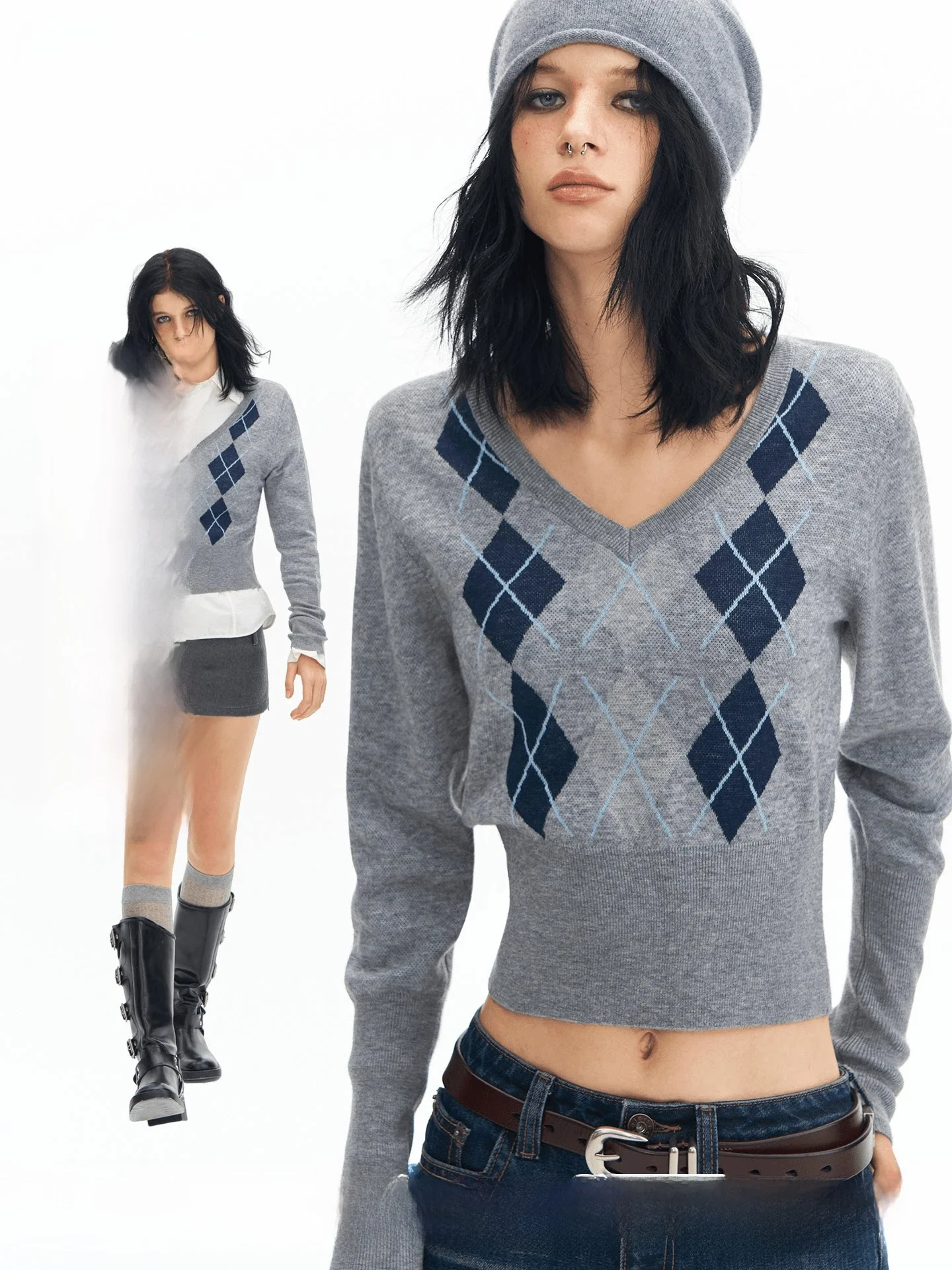 

Женский вязаный свитер Original Deleteex London Series в стиле ретро, шерстяной, с V-образным вырезом, укороченный, с узором в ромбы, с завышенной талией