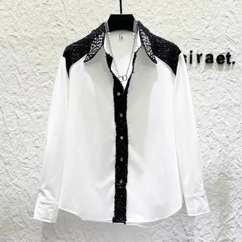 

Роскошная лоскутная рубашка с бриллиантами для мужчин, модная рубашка с длинным рукавом для социальных вечеринок, сценических выступлений, уличная мужская одежда