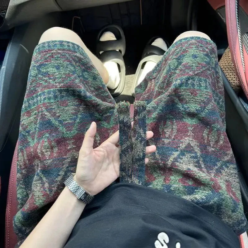 

Vintage Ethnic Style knitted Shorts Men Oversized Elastic Waist Drawstring Knee Length Mid Pants Summer Moroccan Casual shorts