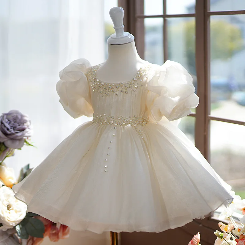 New Luxurious Child Birthday Party Dress Pearl Girl Wedding Party Dress 2024 Flower Girl Dress Cute Baby Dress First Gown