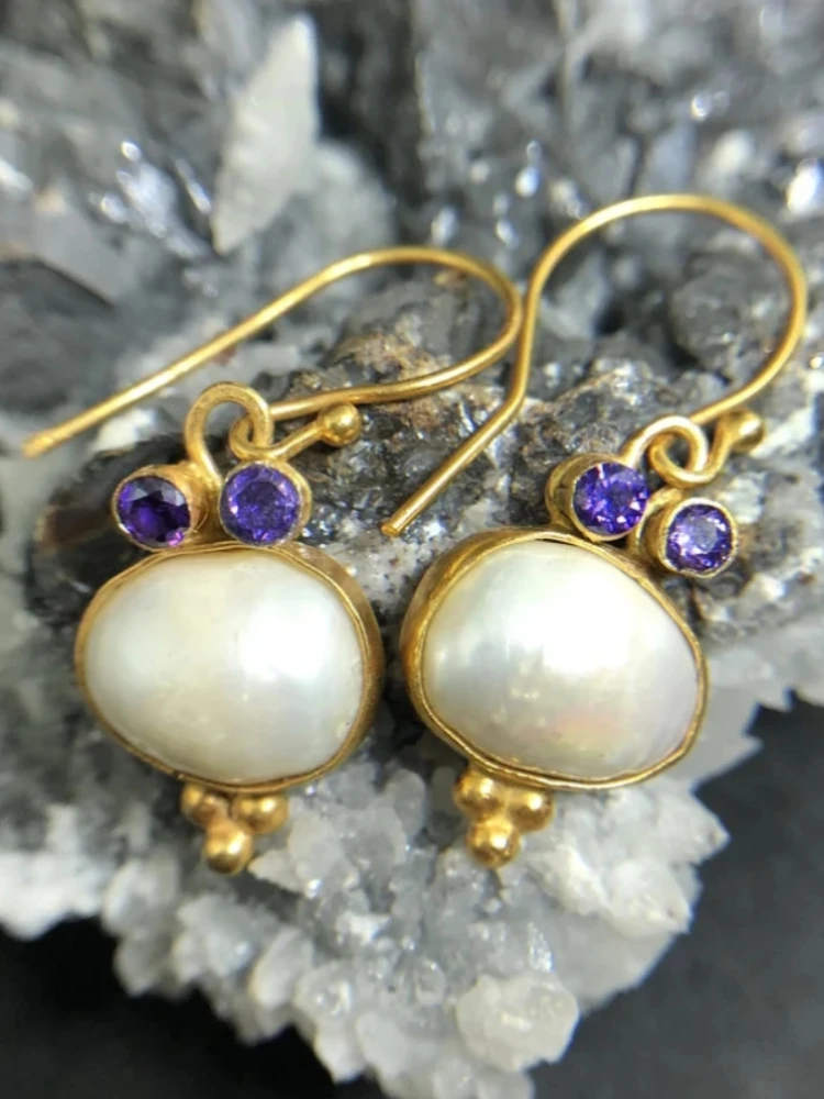 Vintage البيضاوي مطعمة الأبيض حجر أقراط كلاسيكي رائع الذهب اللون المعادن الأرجواني الزركون استرخى أقراط مجوهرات #3