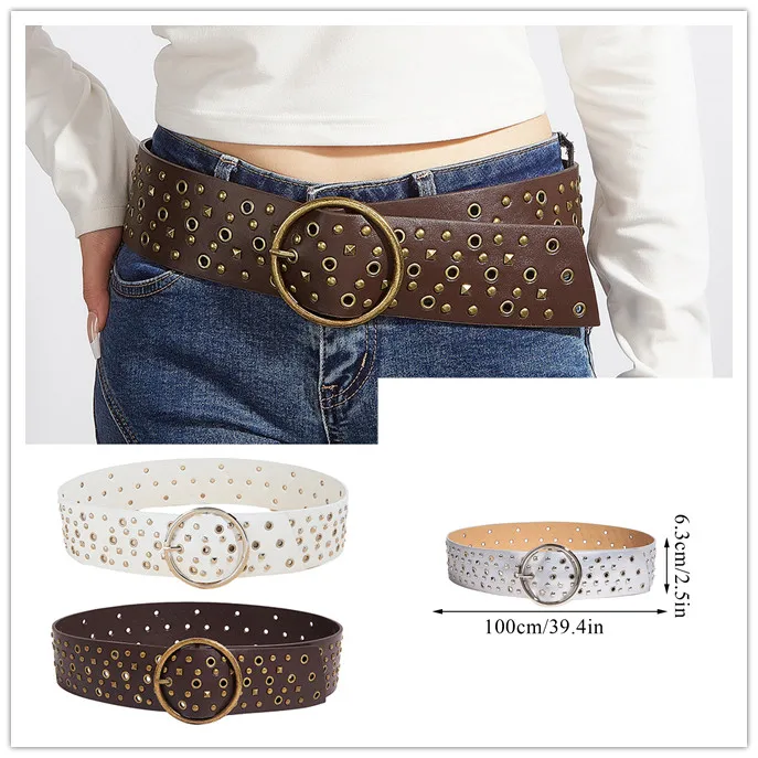 

1Pc Women Waist Belt Wide PU Leather Decorative Waistband Multi-hole Rivets Creative Waist Strap Vintage Style Cloth Accessories