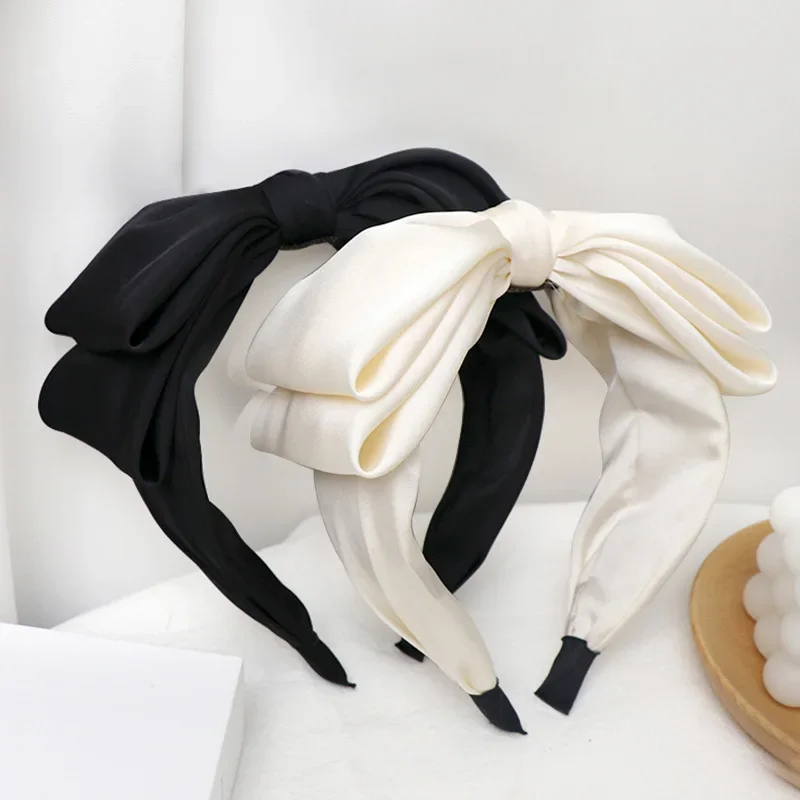 

Ins Fashion Wide Vintage Headband Double-Satin Bowknot Hairband Girls Luxury Hair Hoop White Black Headbands For Party QH129