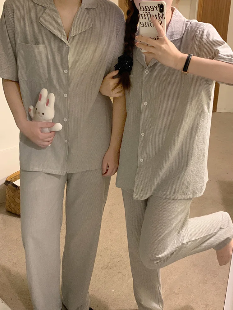 

Lover New Home 4-Color Spring Simple Solid Short Sleeve Pajama Set Couple Loose Casual Comfortable Korean Summer Sleepwear Ins