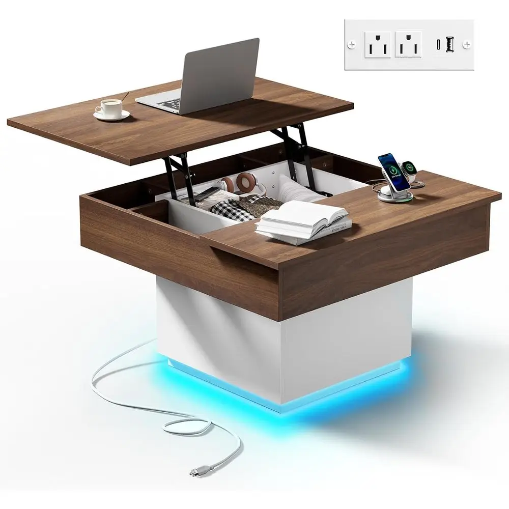 

Illuminated Coffee Table with Charging Port, LED-lit Living Room Furniture, Storage-inclusive Center Table, Square Lighted Offic