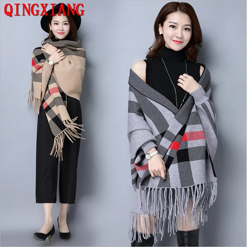 Women Autumn Long Batwing Sleeves Big Pendulum Cape Outstreet Wear Winter Knitted Striped Poncho Vintage Tassel Shawl Coat