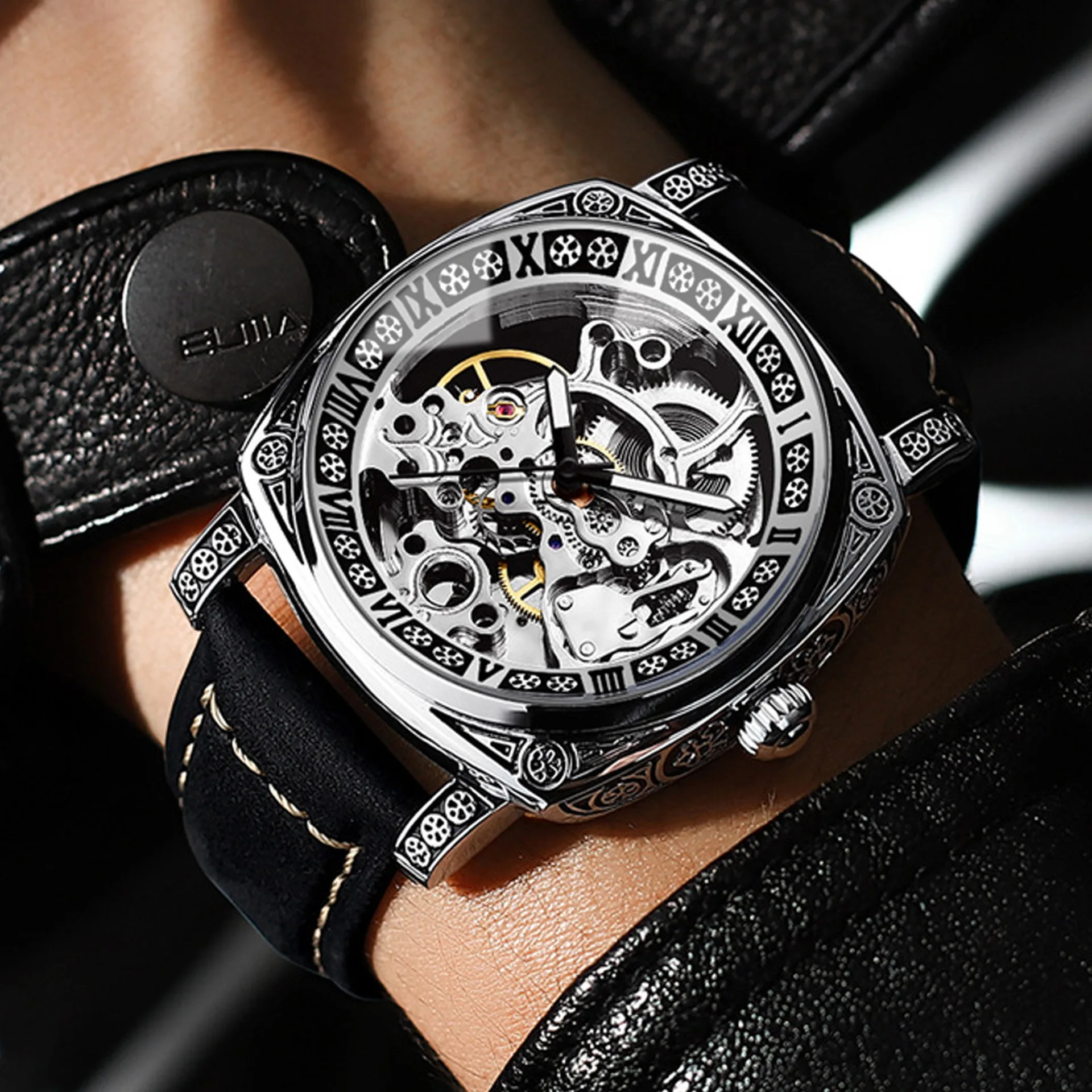 UTHAI M28 New Trendy Men watch Night Light Waterproof Carved Flower Mechanical Watch Cool Clock Gift，watches for man