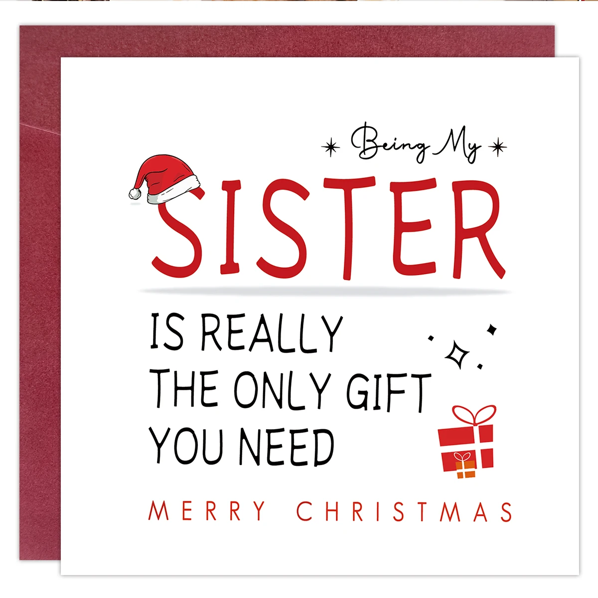 1 Stück Weihnachtsschwester-Grußkarte mit Umschlag – festliches Weihnachtsmütze-Geschenkbox-Design, Weihnachtsgeschenkkarte für Schwestern, beste Freunde