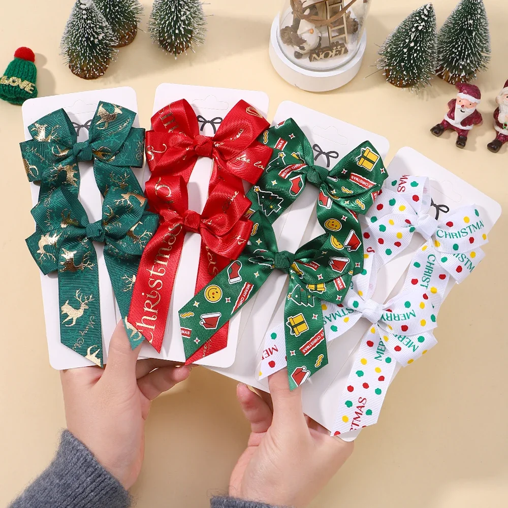 2Pcs/Set Christmas New Year Party Decor Hair Bows Girl Kids Christmas Decorations Supplies Baby Hair Accessories Gift Wholesale