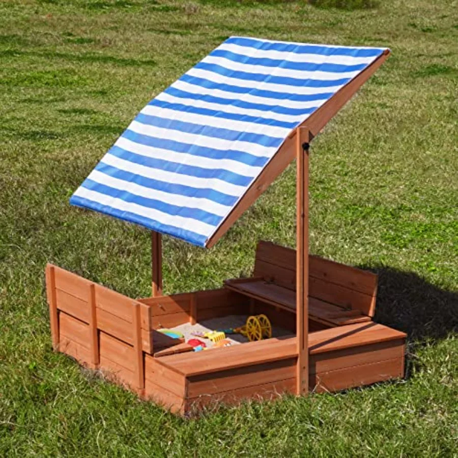 صندوق رمل خشبي خارجي مع غطاء صناديق رملية مع مظلة ومقاعد تخزين قابلة للطي وطاولة رمل مع وصلة سفلية للحماية