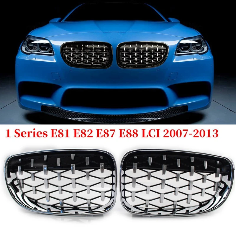 2X Front Kidney Diamond Meteor Grille Grills For -BMW 1 Series E81 E82 E87 E88 LCI 2007-2013 Racing Grills Chrome