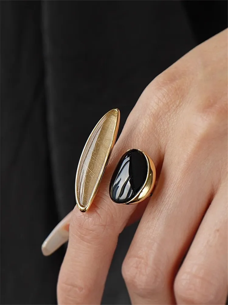 Vintage Black Agate Open Ring Gold Color Brass Light Luxury for Women Jewelry European And American 2024 New Party Gifts