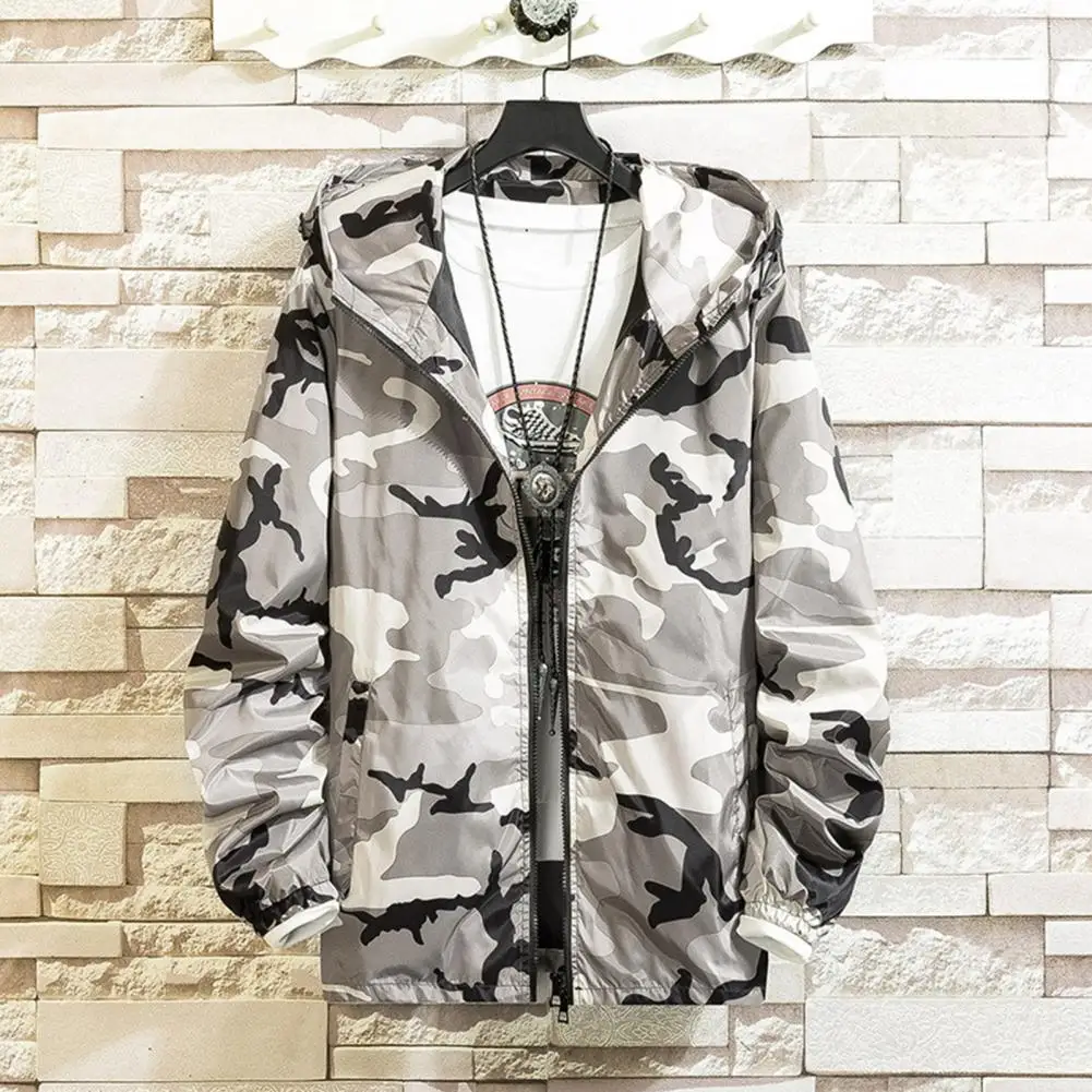 

Men Hooded Camouflage Jacket Men's Hop Style Camouflage Print Jacket with Hood Zipper Placket Korean Streetwear Slim Coat