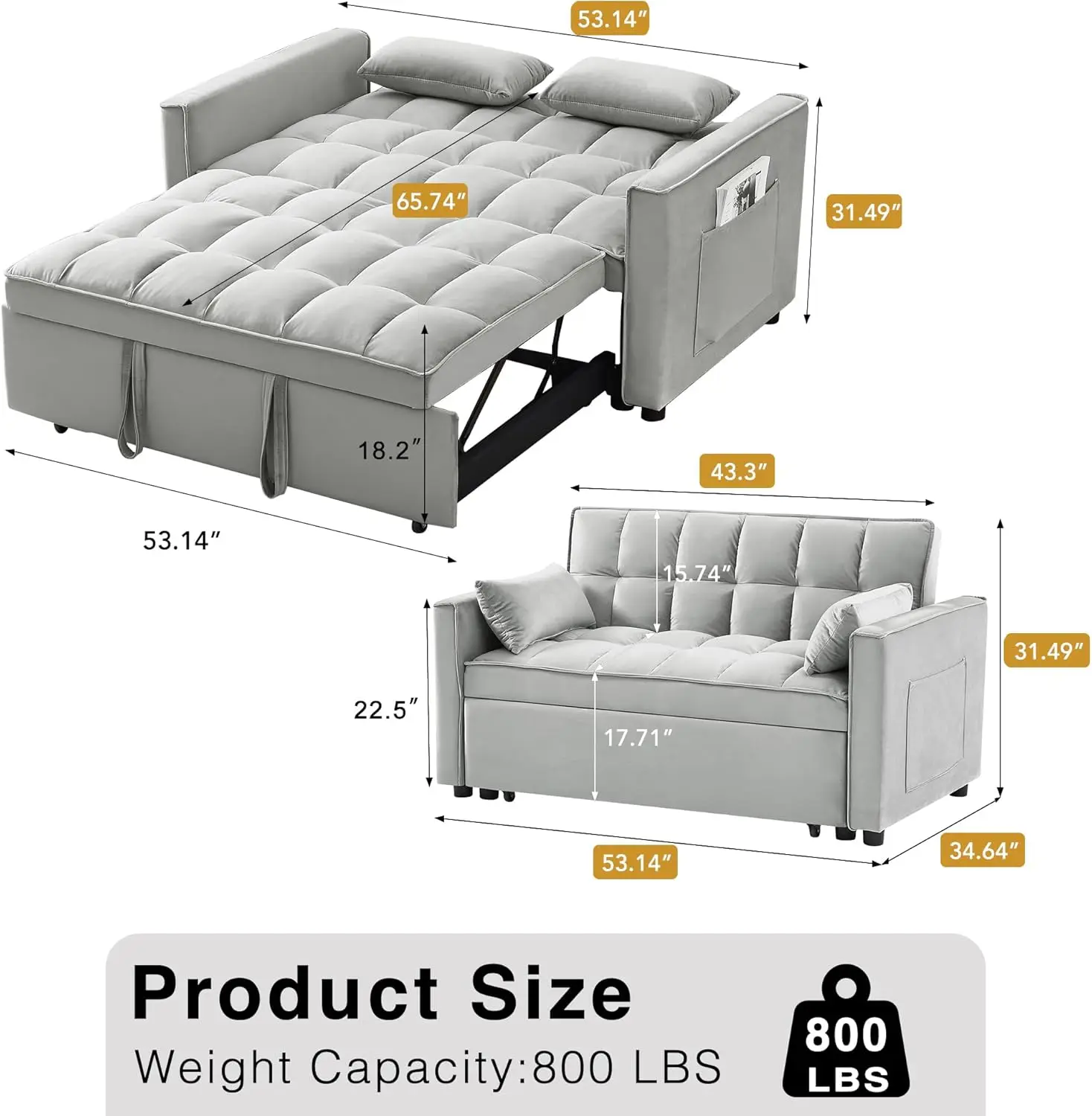 3 in 1  Sofa Bed, Futon Couches for Living Room with Side Pocket  Adjustable Backrest  Velvet Fabric  Pull Out Couch  Small