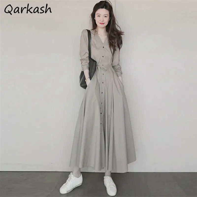 Dresses Women Ankle-length Tunic Bandage Solid Elegant Street BF Style Feminino Hipster Hot Sale Ulzzang Vacation V-neck Simple