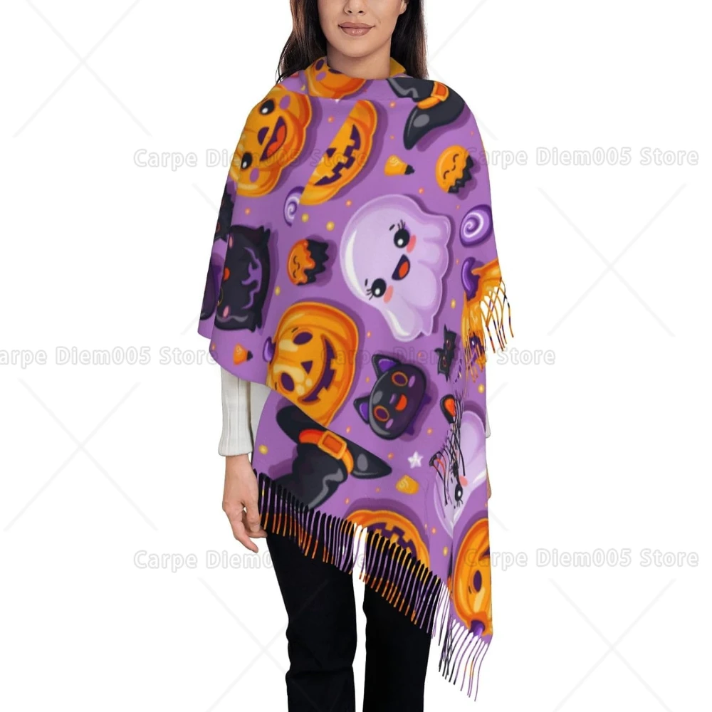 

Зимний мягкий шарф на Хэллоуин, женские теплые шали, уютный шарф с кисточками и принтом, один размер для холодной погоды, сохраняет тепло, мягкий, удобный