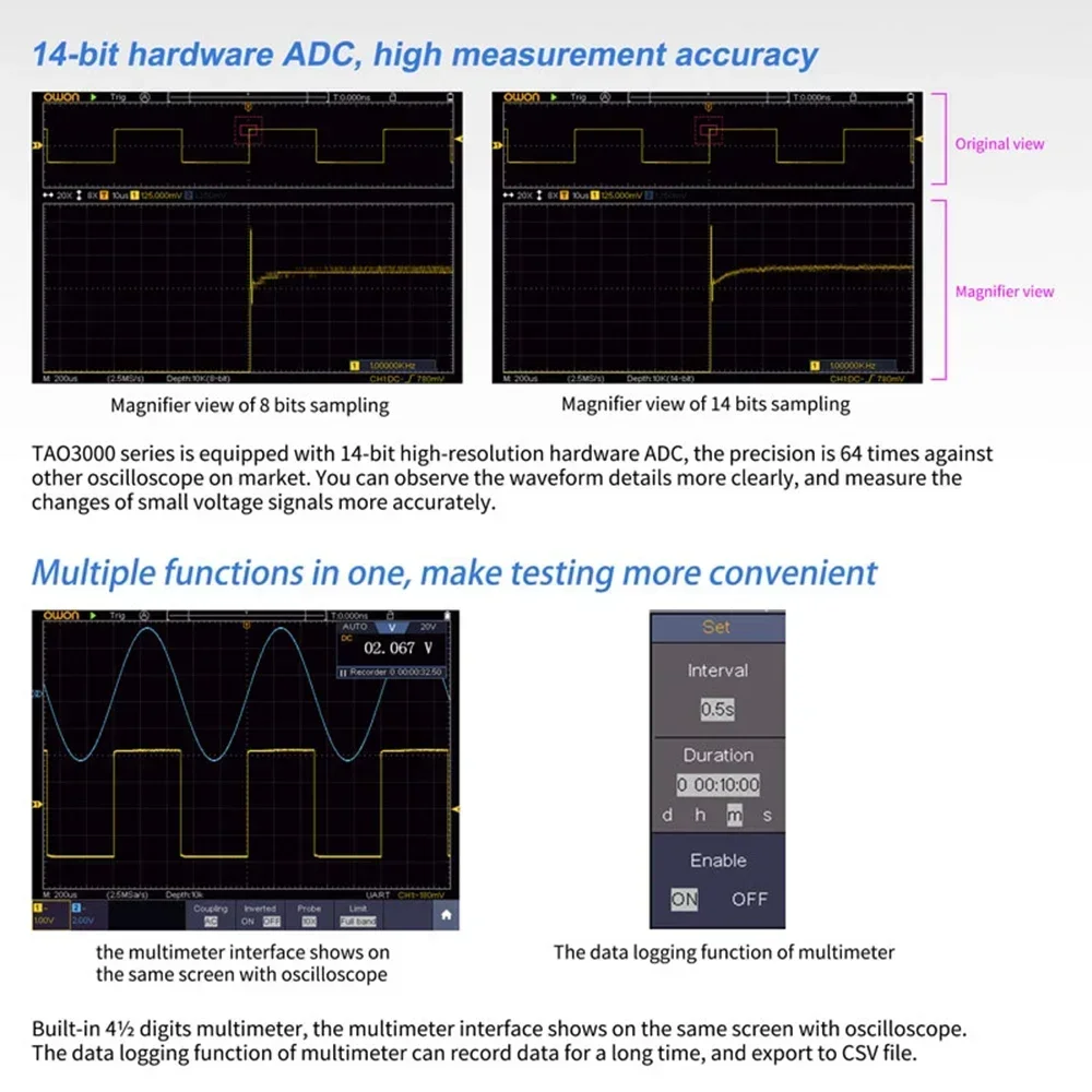 OWON Portable Tablet Digital Oscilloscope 2CH 1GS/s 8 bits TAO3072 TAO3102 14 bits TAO3102A 70/100/120MHz Digital Multimeter