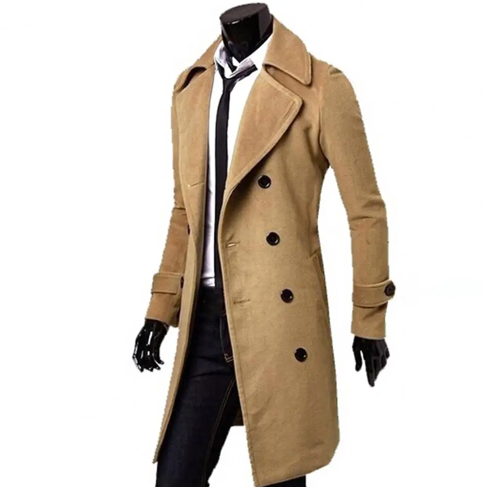 Men's Woolen Coats Lapel Long Coat Jacket Double-breasted Solid Color Overcoat Autumn Winter Thick Long Trench Coat Outwear