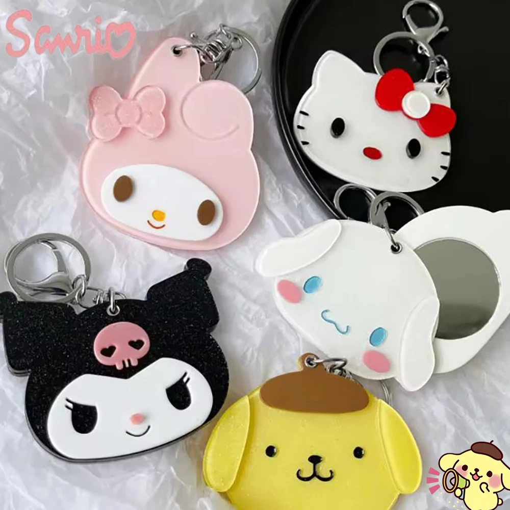 Sanrio Hellokitty Kuromi Cinnamoroll Mymelody Purin Makeup Mirror Kawaii Anime Sliding Cover Keychain Mirror Cartoon Beauty Tool