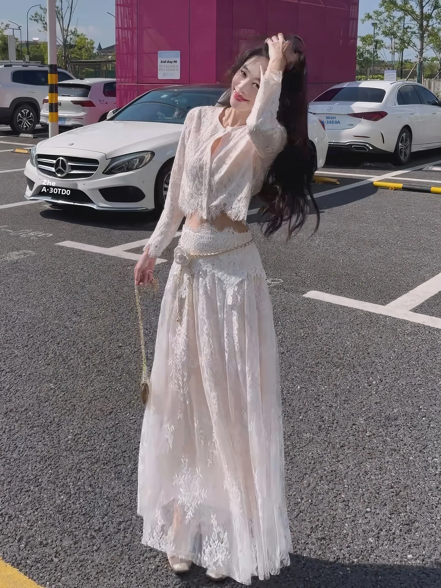 

Spring Lace Top Skirt Set plus Size Women's Faion Mature Sle Ensemble Casual High Waist Long Sve V Ne Two Piece Suit