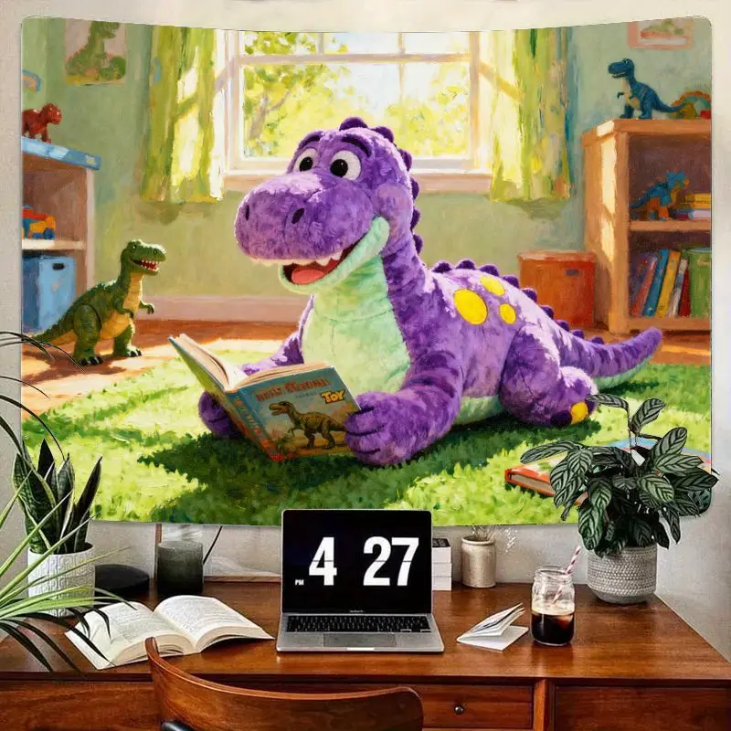 

1 шт., гобелен для чтения с динозавром «История игрушек Рекс», милый фиолетовый настенный рисунок с динозавром, полиэстер, декор комнаты, подарок для детей