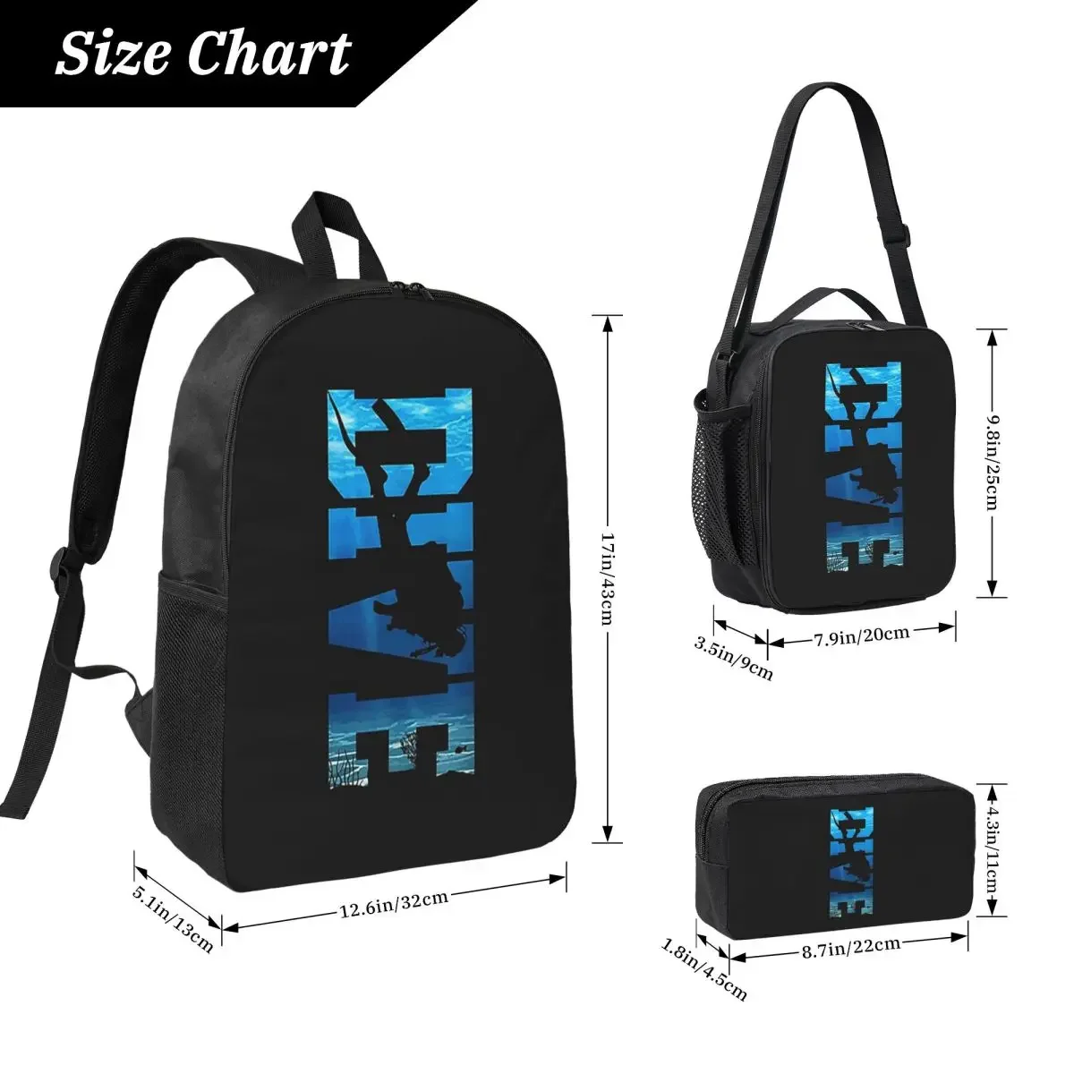 Scuba Diving DIVE Scuba Diver Gift Backpack BookBag School Bag Computer Shoulder Bags 3ps Insulated Lunch Bag Pencil Case