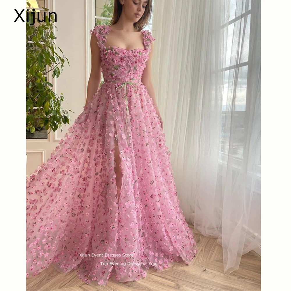 Xijun Tulle Pink Evening Dress 3D Flowers Prom Dresses Wedding Party Dresses Side Slit 2023 Fairy Prom Gowns A-Line For Women