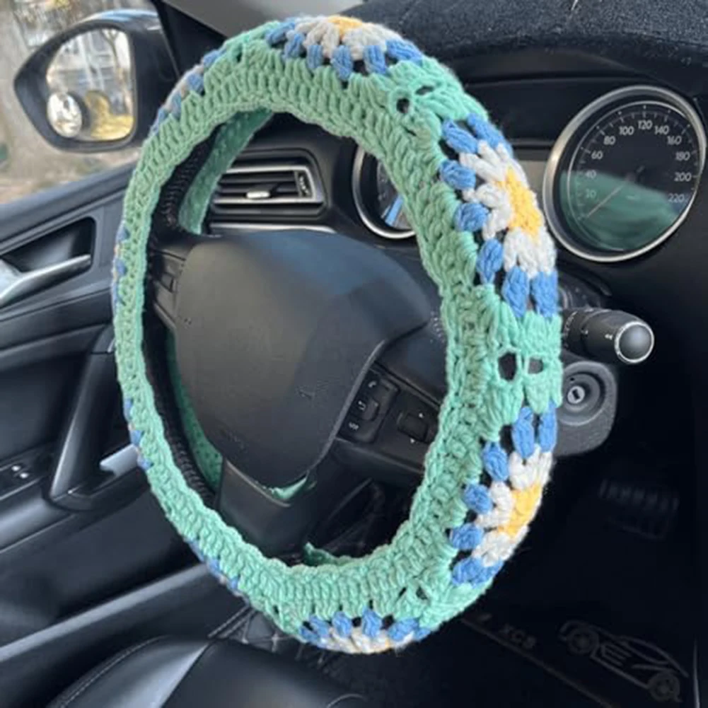 Artfully Designed Crochet Steering Wheel Cover Highlighting a Beautiful Flower Pattern for Personal Touches in Cars