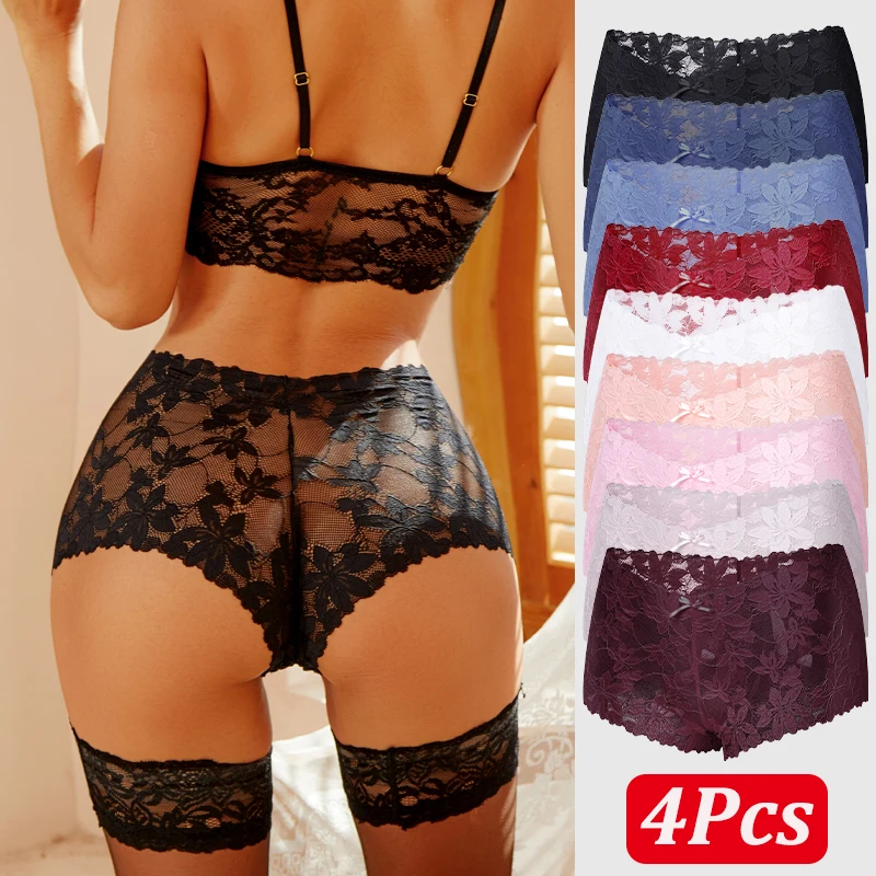 4 Teile/satz Nahtlose Spitze Hohe Aufstieg Boxer Shorts Sexy Einfarbig Blume Transparent Unterwäsche Weibliche Atmungsaktive Boyshort Dessous