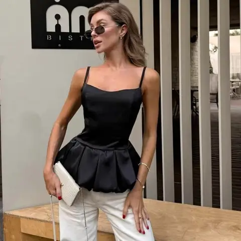 Elegant Bud-shaped Hem Satin Strap Vest White Black Lace Up Sling Top Satin Sleeveless Top Spring