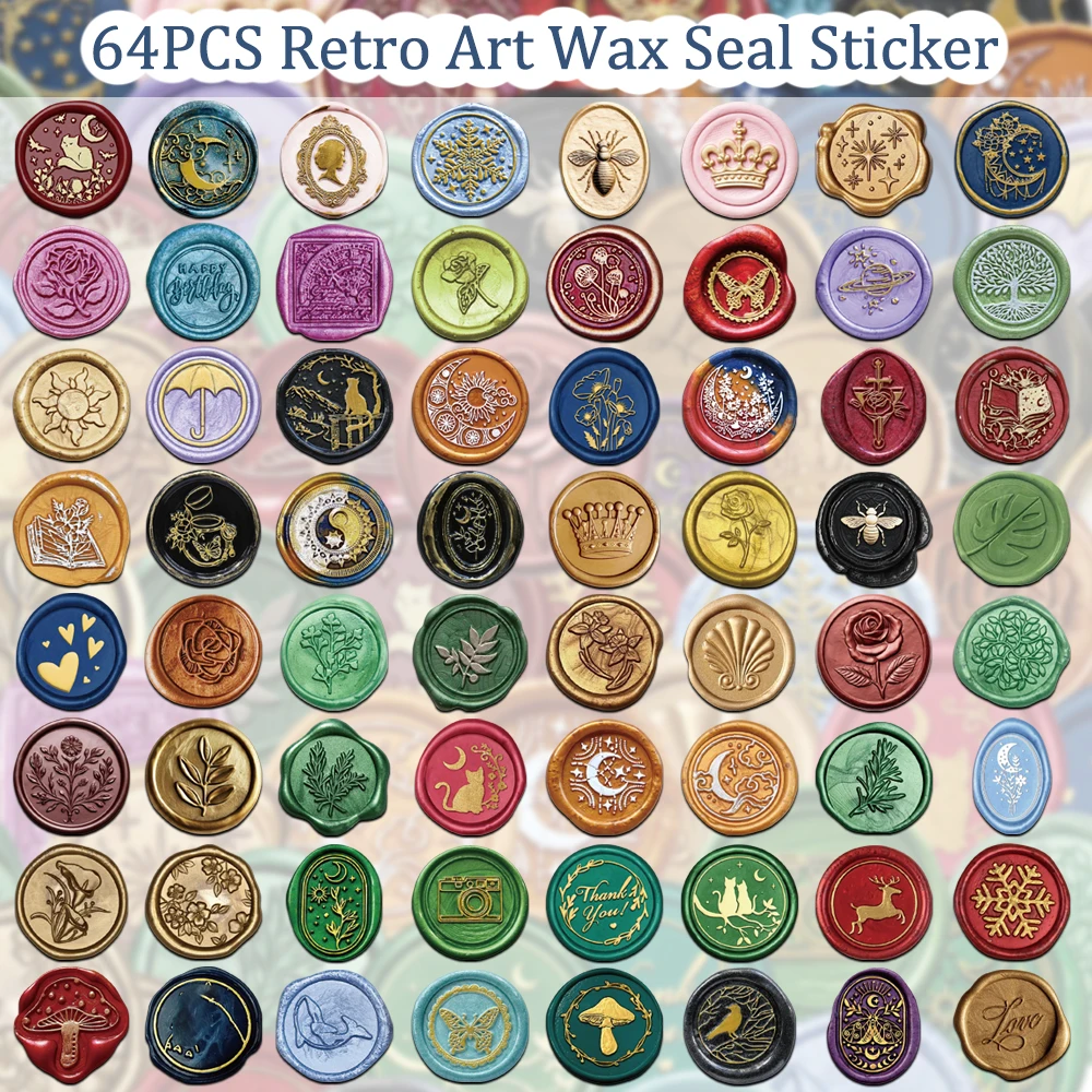 64 قطعة الرجعية الكلاسيكية الشمع ختم الفن ملصقات مقاوم للماء بولي كلوريد الفينيل ندفة الثلج فراشة الحب القمر لتقوم بها بنفسك جراب هاتف سجل القصاصات المغلف #2