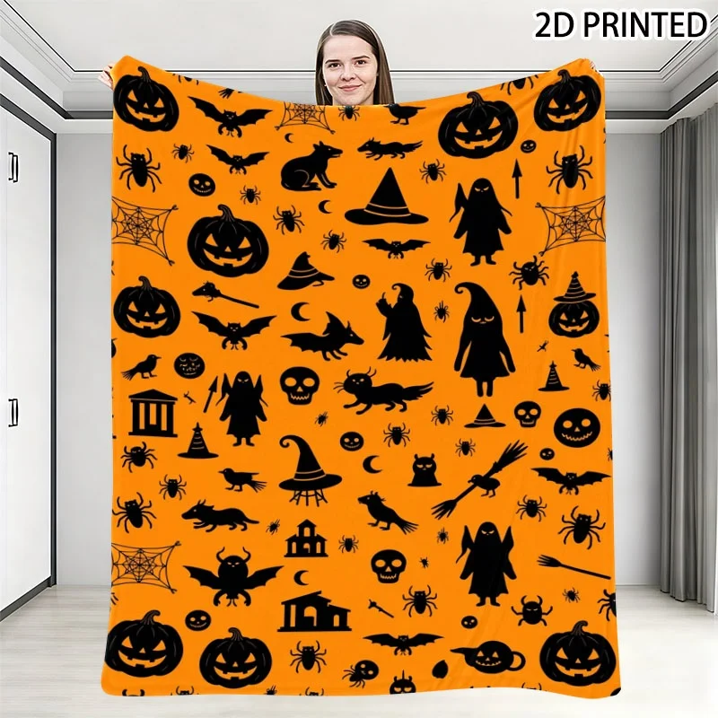 Halloween Festive Pattern Throw Blanket, Bright Orange Background with Spooky Silhouette Elements of Jack-O'-Lanterns, Bats, Gho