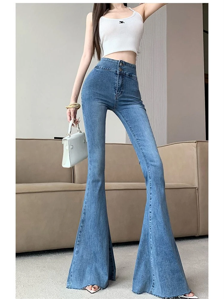 

Women's Rough Edges Design Skinny Micro Flared Pants Vintage American Street Jeans Female Straight Denim Mermaid Trousers