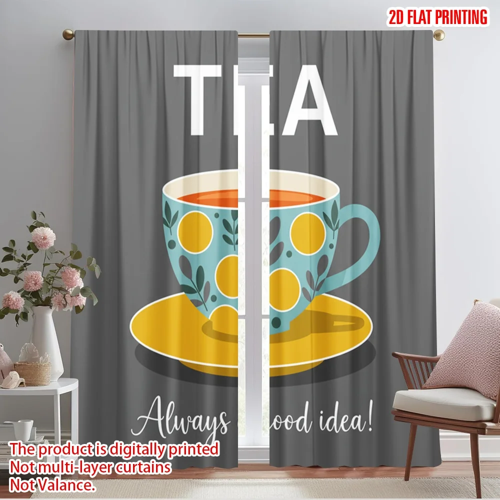 

2pcs 2D flat printing Scene Curtain Tea Cup Always Good Idea Polyester Without Electricity All Season Party & Holiday Decor Use