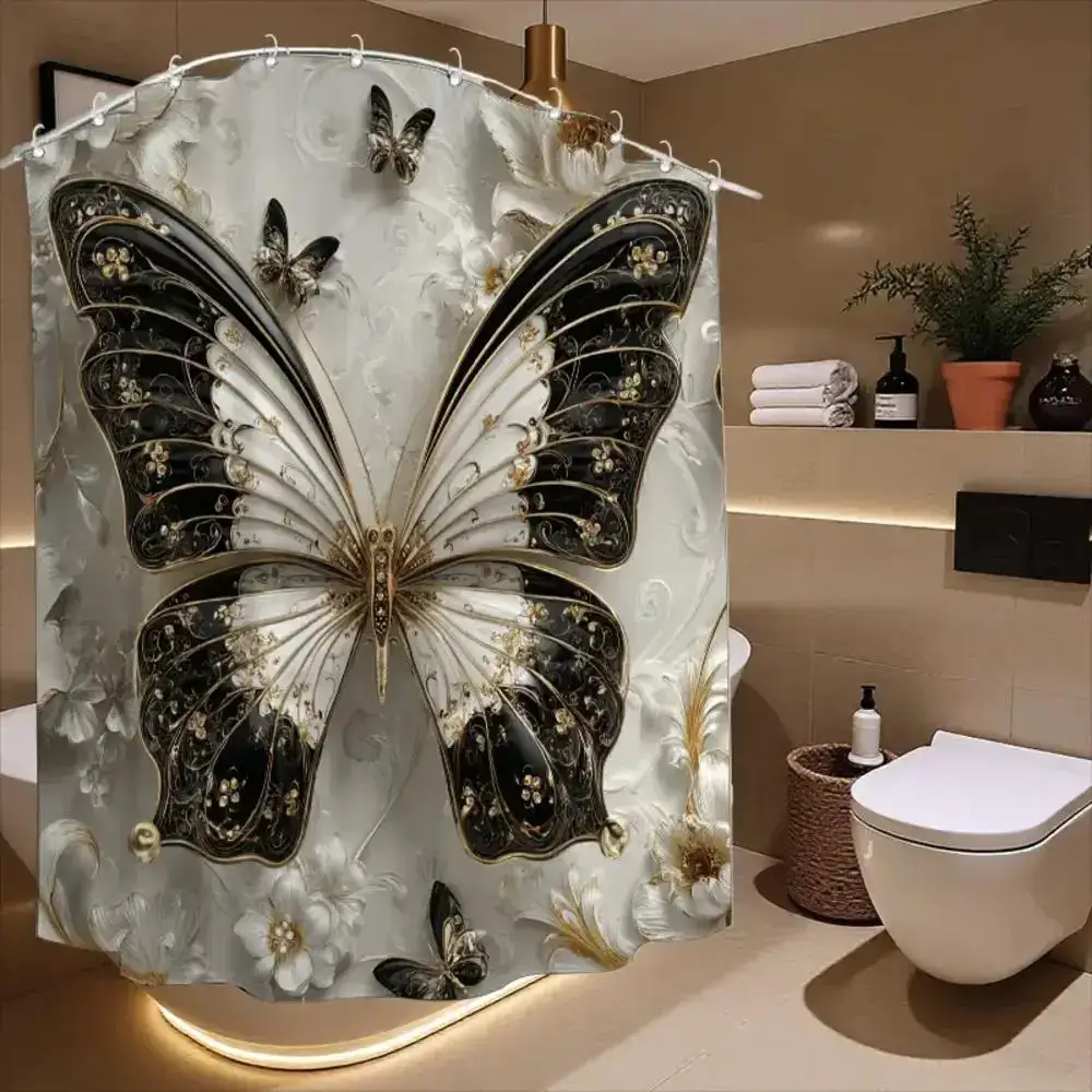 

luxury 3d black and white butterfly with golden details floral shower curtain for elegant bathroom decor vintage artistic design