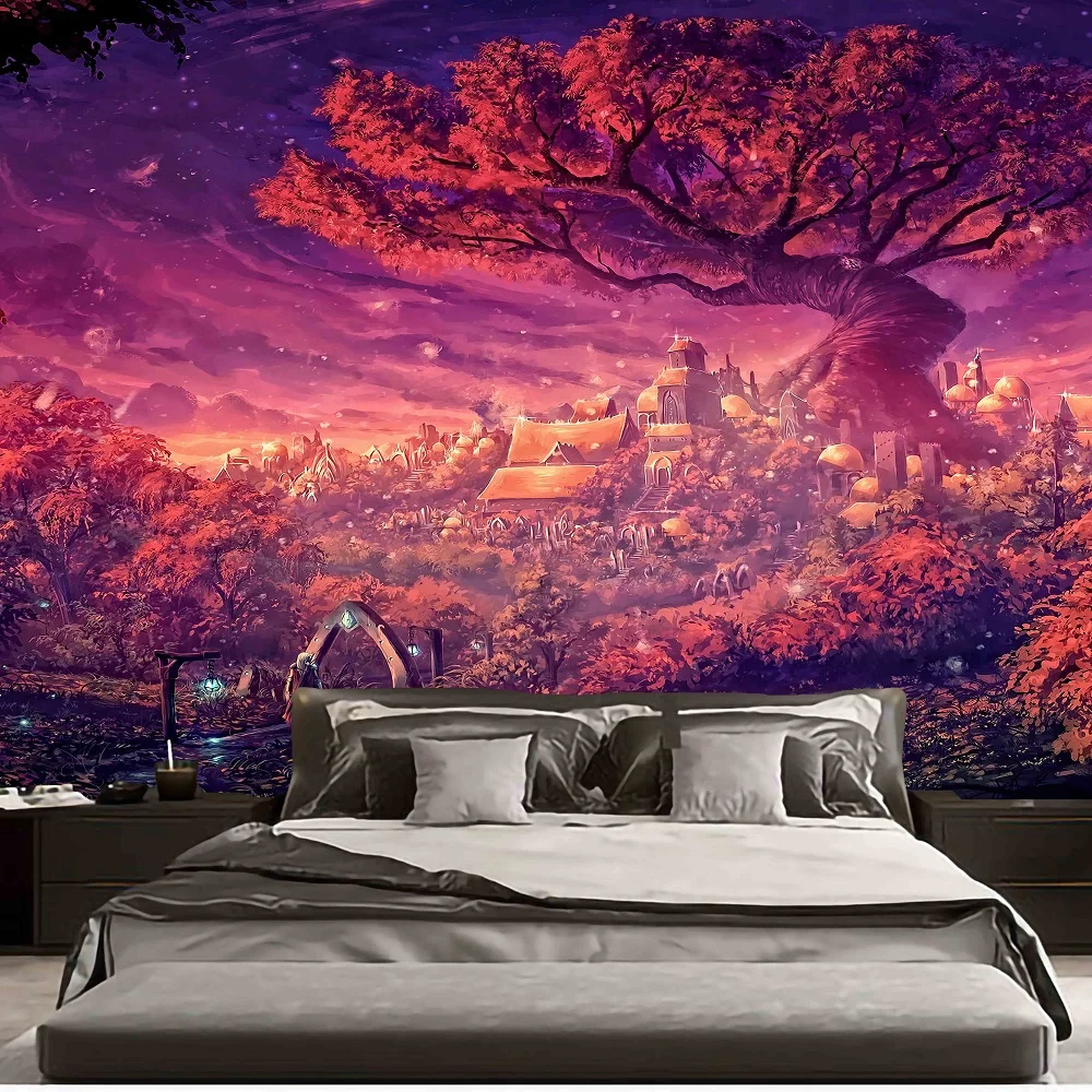 

Red Life Tree Tapestry Fairy Tale Forest Fantasy Landscape Mysterious Tree Tapestries Home Bedroom Room Decor Wall Hanging