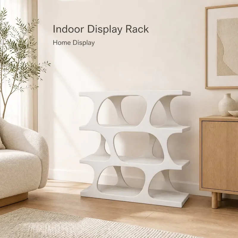 Modern sculptural hollow MDF four-story open display stand, suitable for living room entrance decoration and storage